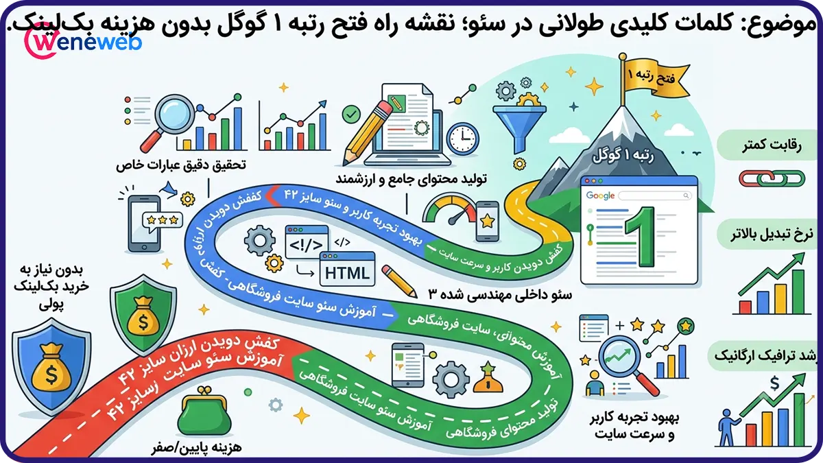 کلمات کلیدی طولانی در سئو؛ نقشه راه فتح رتبه ۱ گوگل بدون هزینه بکلینک